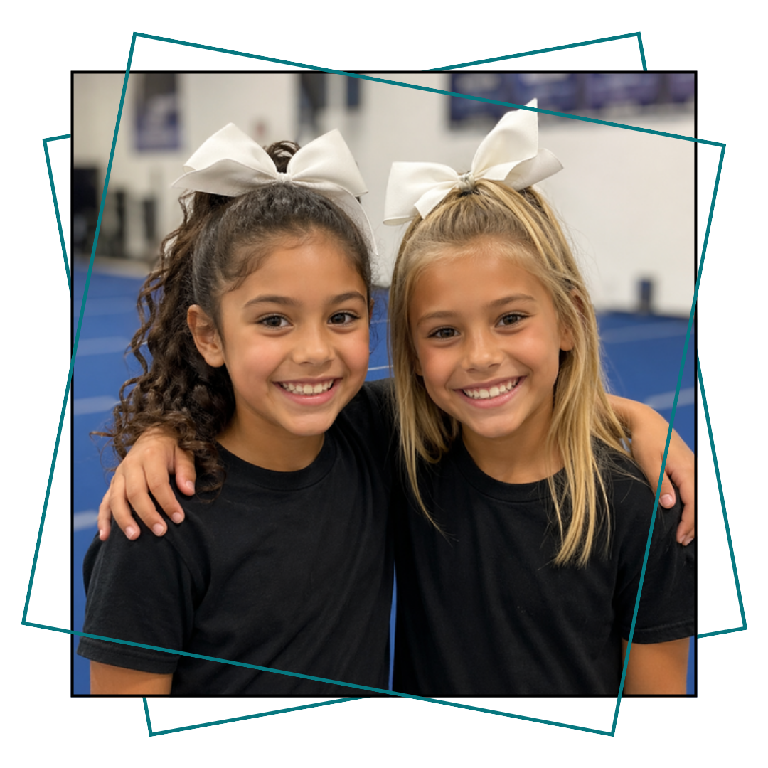 Two smiling Vim Gym cheerleaders wearing hair bows